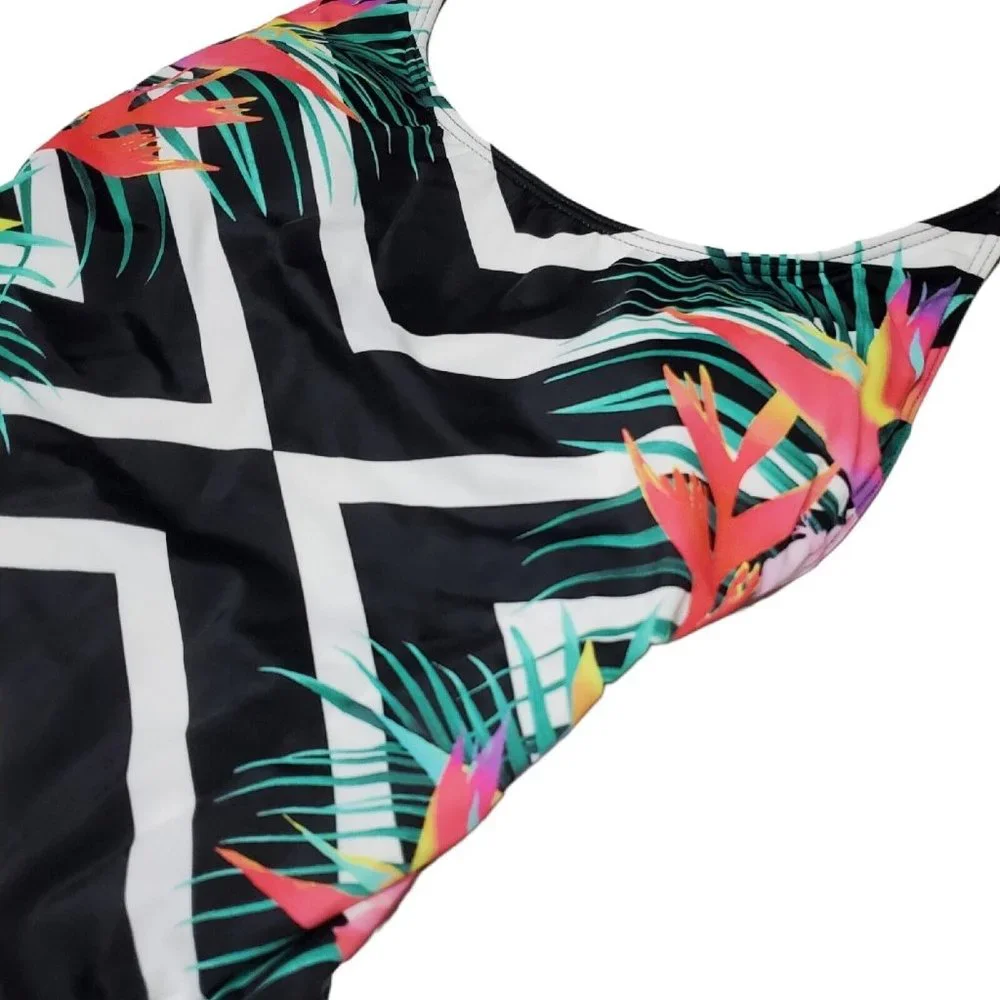 PINK Victoria's Secret Black & White Chevron One-Piece with Tropical Print - Picture 2 of 6